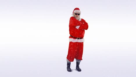 Animation-of-snow-falling-and-santa-claus-wearing-sunglasses-over-white-background