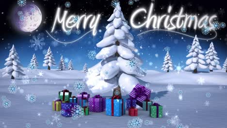 Animation-of-christmas-tree-with-presents-and-merry-christmas-text-in-winter-scenery