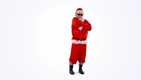 Animation-of-snow-falling-and-santa-claus-wearing-sunglasses-over-white-background