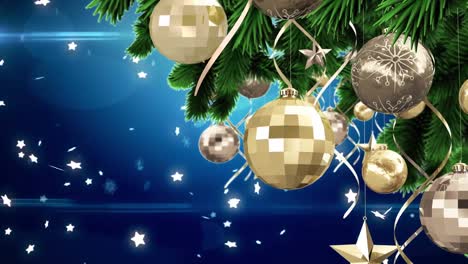 Animation-of-christmas-boubles-and-stars-falling-over-blue-background