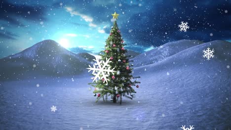 Iconos-De-Copos-De-Nieve-Flotando-Y-Nieve-Cayendo-Sobre-El-árbol-De-Navidad-En-El-Paisaje-Invernal.
