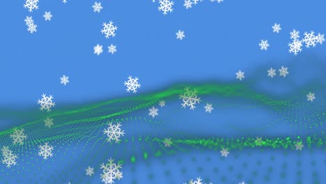 Multiple-snowflakes-icons-falling-over-green-digital-wave-against-blue-background