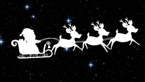 Santa-claus-in-sleigh-being-pulled-by-reindeers-against-blue-shining-stars-on-black-background