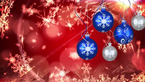 Animation-of-christmas-boubles-and-snow-falling-over-red-background