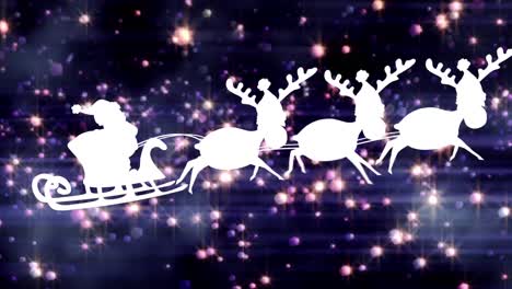 Animation-of-santa-claus-in-sleigh-with-reindeer-and-glowing-stars-over-dark-background