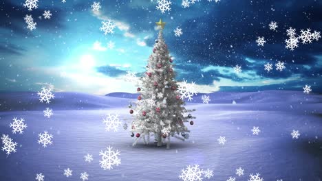 Animation-of-snow-falling-over-christmas-tree-in-winter-scenery