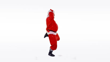 Animation-of-snow-falling-and-dancing-santa-claus-over-white-background