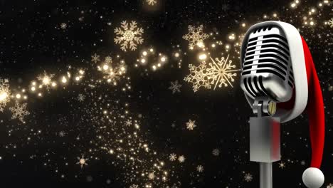 Animation-of-rerto-microphone-with-santa-hat-over-christmas-star-falling-on-black-background