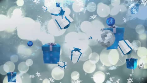 Animation-of-christmas-boubles,-presents-and-snow-falling-over-blue-background-with-bokeh