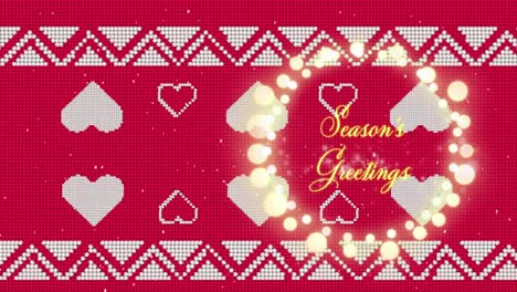 Animation-of-christmas-greetings-in-fairy-lights-frame-over-red-christmas-pattern-background