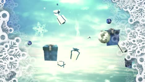 Animation-of-christmas-boubles,-presents-and-snow-falling-over-blue-background-with-bokeh