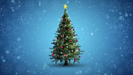 Animation-of-christmas-tree-and-snow-falling-over-blue-background