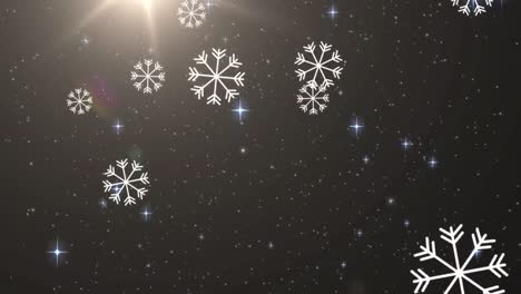 Animation-of-snow-falling-and-glowing-stars-over-dark-background