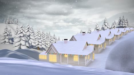 Schnee-Fällt-über-Die-Winterlandschaft-Mit-Mehreren-Häusern-Und-Bäumen