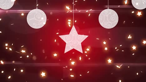 Animation-of-christmas-boubles-and-stars-falling-over-red-background