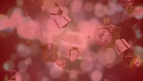 Animation-of-presents-falling-and-christmas-tree-over-winter-landscape-background-with-red-filter