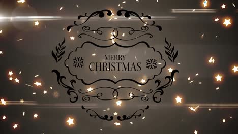 Frohe-Weihnachten-Textbanner-Vor-Mehreren-Leuchtenden-Sternen,-Die-Auf-Grauem-Hintergrund-Schweben