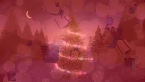 Animation-of-presents-falling-and-christmas-tree-over-winter-landscape-background-with-red-filter