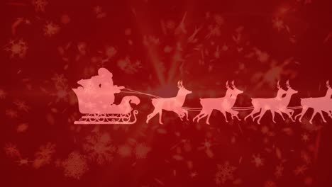 Animation-of-santa-claus-in-sleigh-with-reindeer-and-snow-falling-over-background-with-red-filter
