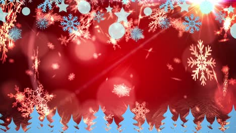 Animation-of-christmas-boubles-and-trees-over-red-background-with-snow-falling