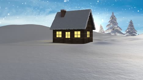 Schnee-Fällt-über-Winterlandschaft-Mit-Haus-Und-Bäumen-Vor-Blauem-Himmel