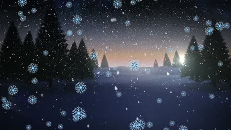 Animation-Von-Schnee,-Der-über-Die-Nächtliche-Winterlandschaft-Fällt