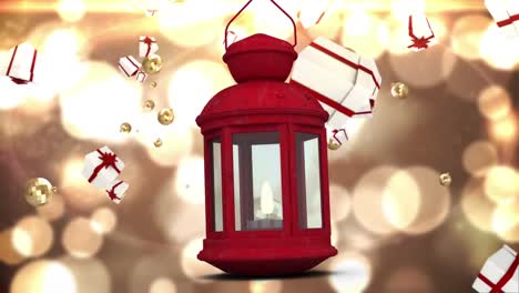 Animation-of-red-lantern-over-falling-presents-and-bokeh