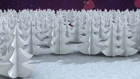 Schnee-Fällt-Auf-Mehrere-Bäume-In-Der-Winterlandschaft,-Während-Apfelsymbole-Auf-Violettem-Hintergrund-Fallen