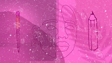 Animation-of-snow-falling-over-pencils-and-face-drawings-on-pink-background