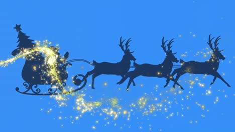 Shooting-star-over-silhouette-of-santa-claus-in-sleigh-being-pulled-by-reindeers-on-blue-background