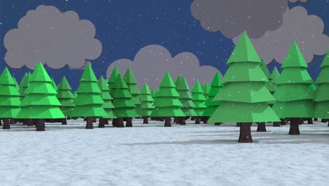 Schnee-Fällt-über-Mehrere-Baumsymbole-In-Der-Winterlandschaft-Vor-Wolkensymbolen-Auf-Blauem-Hintergrund