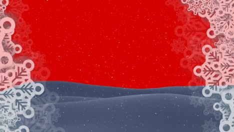 Animation-of-winter-scenery-with-winter-frame-on-red-background