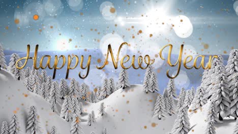 Feliz-Año-Nuevo-Texto-Y-Manchas-Amarillas-Flotando-Contra-Varios-árboles-En-El-Paisaje-Invernal