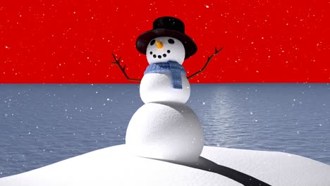 Animation-of-winter-scenery-with-snowman-on-red-background