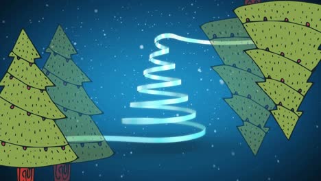 Animation-Des-Weihnachtlichen-Blauen-Bandes,-Das-Einen-Weihnachtsbaum-Auf-Blauem-Hintergrund-Bildet