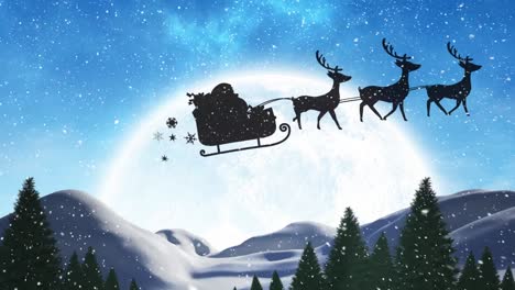 Silhouette-Des-Weihnachtsmanns-Im-Schlitten,-Der-Von-Rentieren-über-Den-Schnee-Gezogen-Wird,-Der-Auf-Die-Winterlandschaft-Fällt