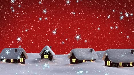 Multiple-star-icons-and-snow-falling-over-house-icons-on-winter-landscape-against-red-background