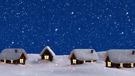 Animation-of-winter-scenery-with-houses-on-blue-background