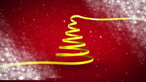 Animación-De-Cinta-Amarilla-Navideña-Formando-árbol-De-Navidad-Sobre-Fondo-Rojo