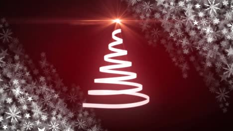 Animation-of-christmas-white-ribbon-forming-christmas-tree-on-red-background