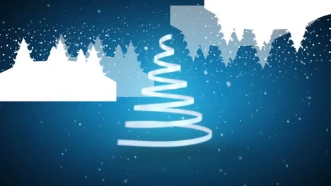 Animation-Eines-Weihnachtlichen-Weißen-Bandes,-Das-Einen-Weihnachtsbaum-Auf-Blauem-Hintergrund-Bildet