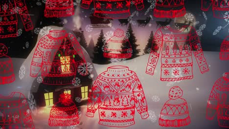Christmas-sweater-and-beanie-icons-in-seamless-pattern-over-snowflakes-falling-on-winter-landscape