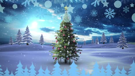 Animation-of-winter-frame-and-christmas-tree-over-winter-scenery
