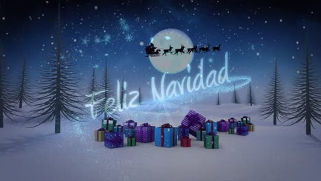 Animation-of-winter-scenery-with-presents-and-santa-claus-in-sleigh