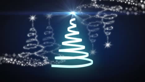 Spot-of-light-over-ribbon-forming-a-christmas-tree-against-christmas-tree-icons-on-blue-background