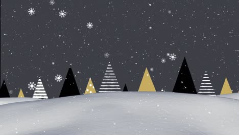 Copos-De-Nieve-Cayendo-Sobre-El-Paisaje-Invernal-Contra-Los-Iconos-Del-árbol-De-Navidad-Sobre-Fondo-Gris