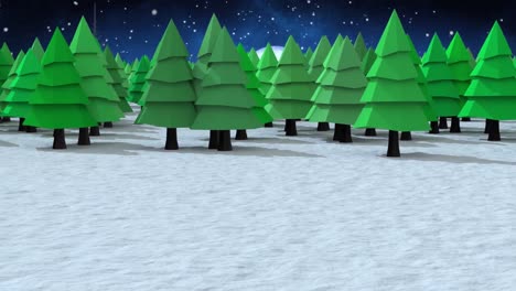 Snow-falling-over-multiple-trees-on-winter-landscape-against-moon-in-night-sky