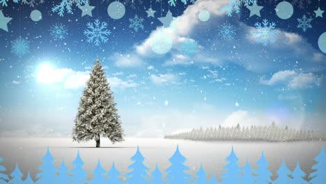 Weihnachtsdekorationen-Hängen-Am-Schnee,-Der-über-Den-Weihnachtsbaum-In-Der-Winterlandschaft-Fällt