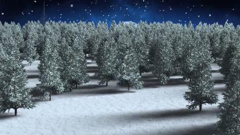 Snow-falling-over-multiple-trees-on-winter-landscape-against-moon-in-night-sky