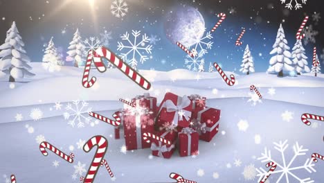 Mehrere-Zuckerstangensymbole-Und-Schneeflocken-Fallen-Gegen-Weihnachtsgeschenke-In-Der-Winterlandschaft